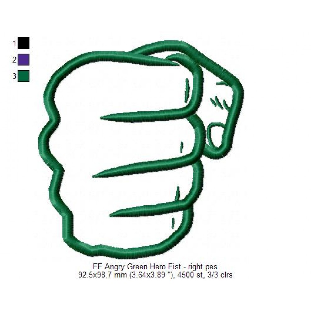 Angry Green Hero Fist right Cartoon Embroidery Design